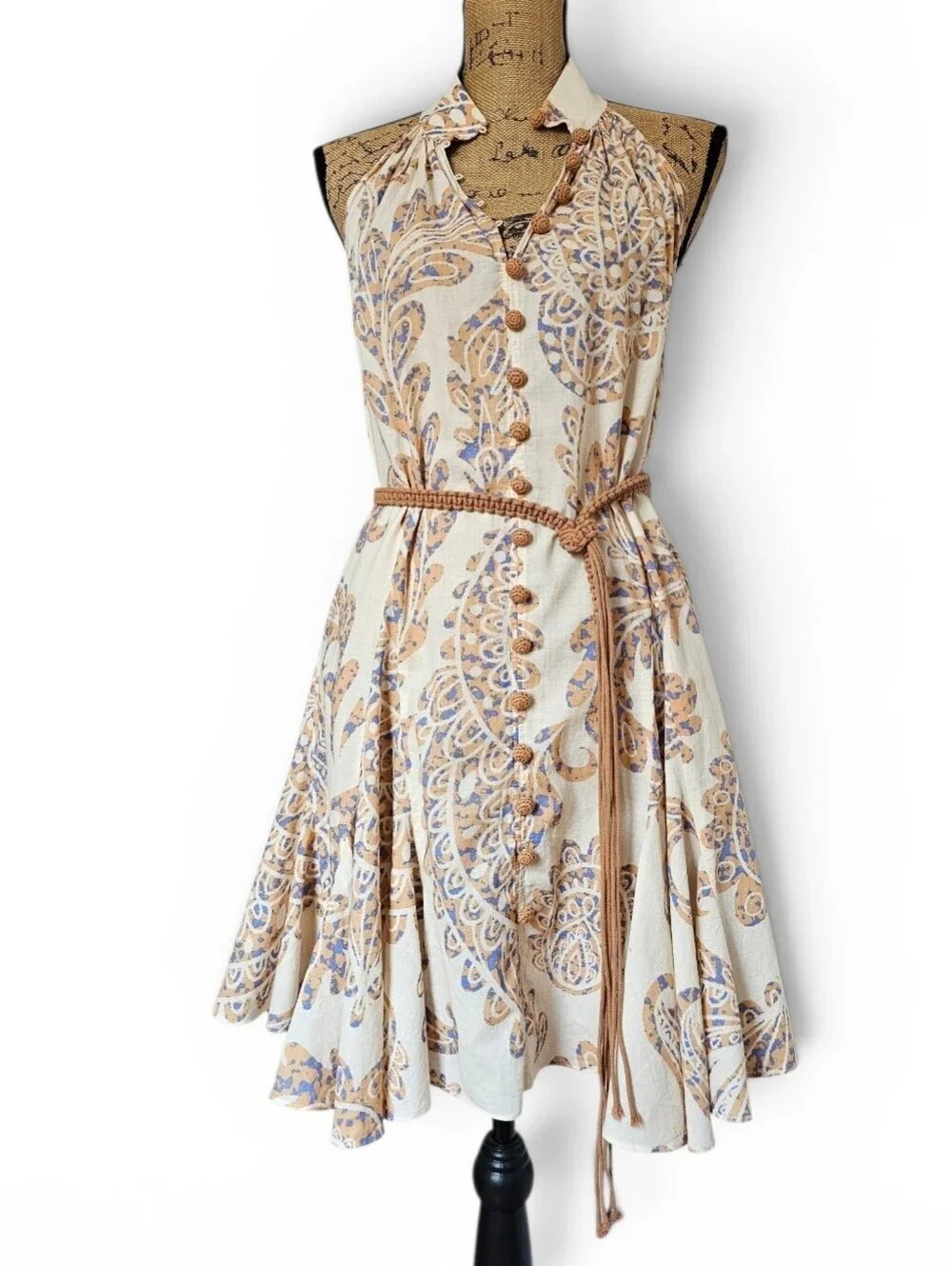 Zara Boho Cream Paisley Sleeveless Mini Dress Rope Belt Crochet Buttons, Size M